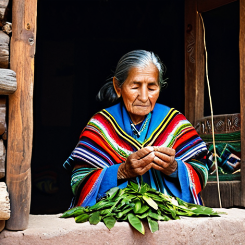 An elderly Quechua woman, with a serene and wise expression, is gently performing the *chakchay* ritual with coca leaves. Her hands are carefully arranging the leaves, which she holds respectfully. She is wearing traditional, modest, and multi-layered Andean clothing, adorned with colorful woven textiles. The scene is set in a softly lit, rustic adobe home in the high Andes, with blurred natural textures and glimpses of distant mountains through a window. The image conveys a sense of deep cultural tradition and peaceful daily ritual. Fully clothed, appropriate content, perfect anatomy, correct proportions, natural pose, well-formed hands, professional photography, family-friendly, high quality, safe for work.