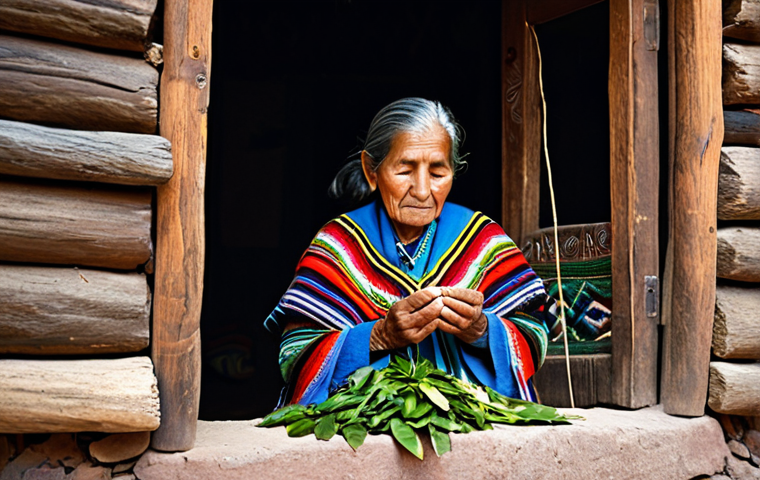 An elderly Quechua woman, with a serene and wise expression, is gently performing the *chakchay* ritual with coca leaves. Her hands are carefully arranging the leaves, which she holds respectfully. She is wearing traditional, modest, and multi-layered Andean clothing, adorned with colorful woven textiles. The scene is set in a softly lit, rustic adobe home in the high Andes, with blurred natural textures and glimpses of distant mountains through a window. The image conveys a sense of deep cultural tradition and peaceful daily ritual. Fully clothed, appropriate content, perfect anatomy, correct proportions, natural pose, well-formed hands, professional photography, family-friendly, high quality, safe for work.